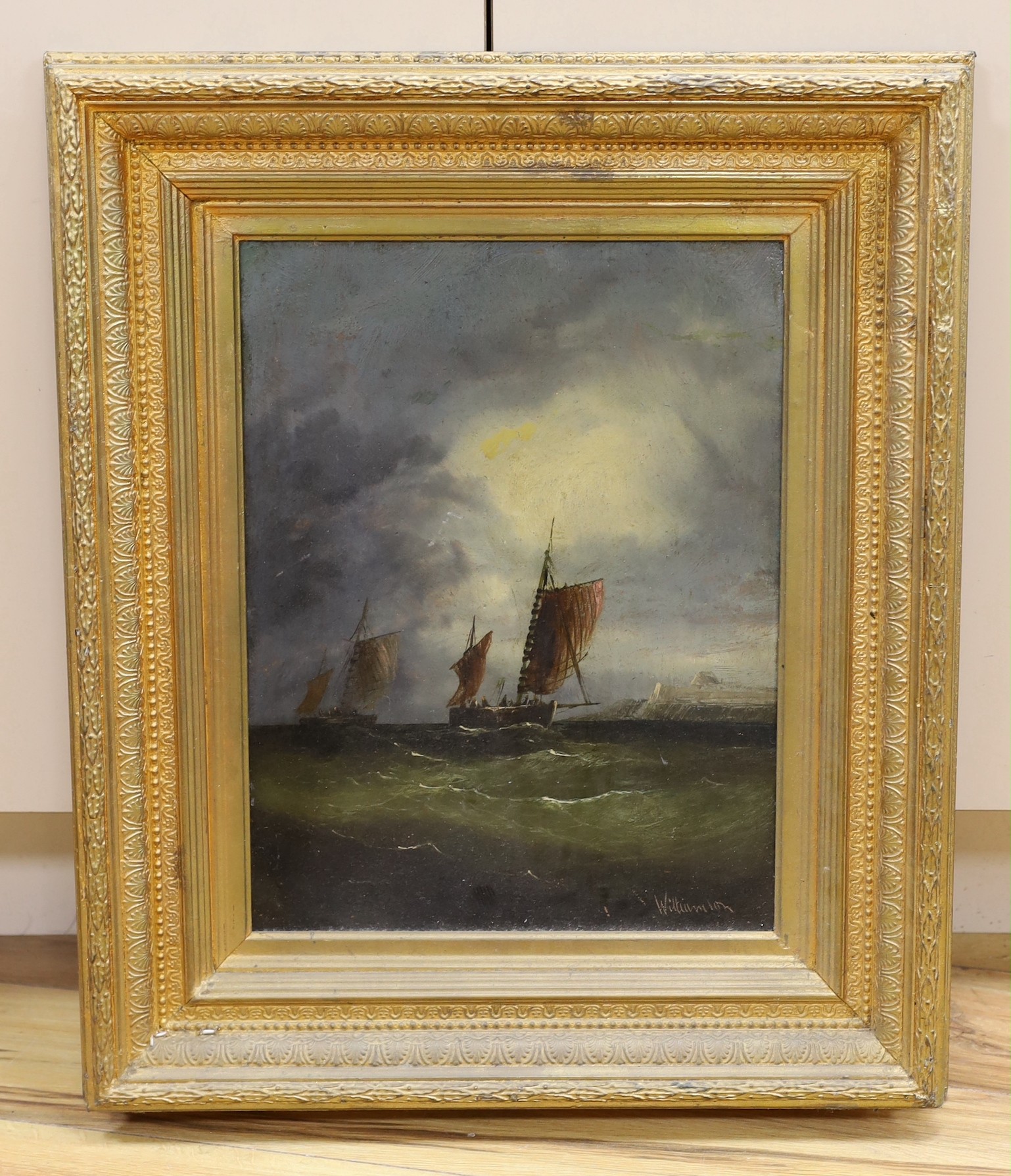 Williamson, oil on board, Fishing boats at sea, signed, 44 x 34cm